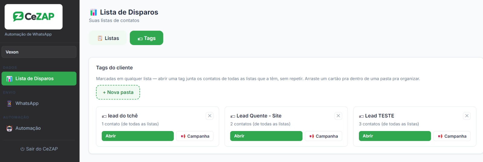 Tags organizadas com contagem de contatos e botão de campanha