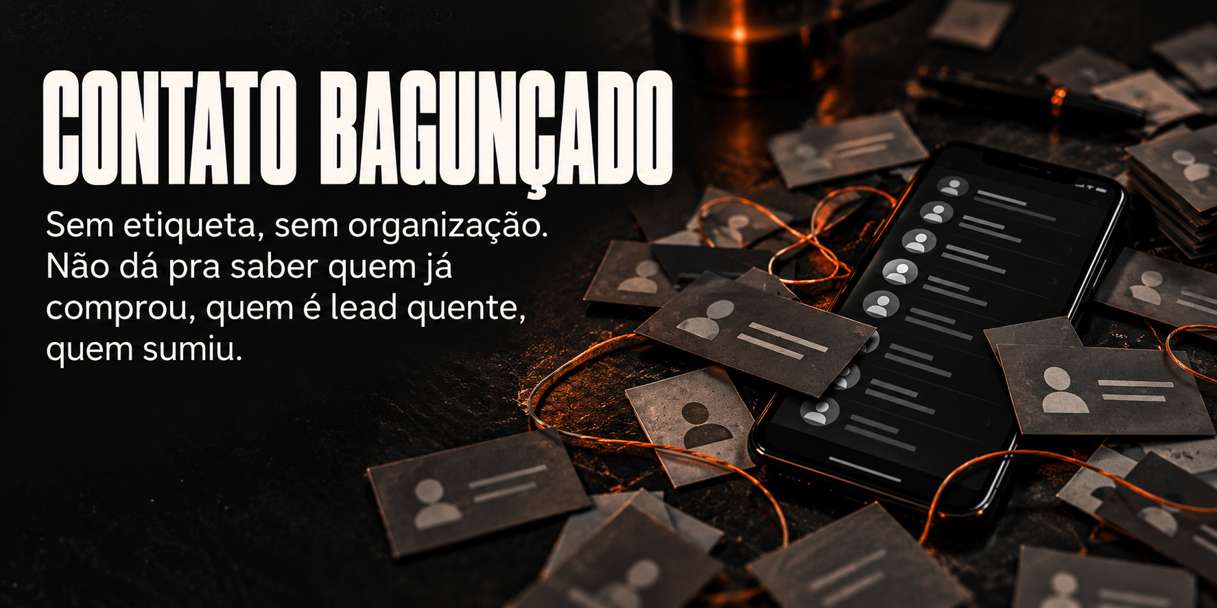 Contato bagunçado: sem etiqueta, sem organização, não dá pra saber quem já comprou, quem é lead quente, quem sumiu